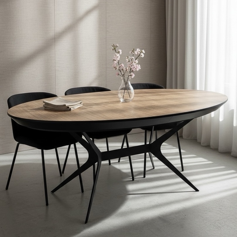 פינת אוכל דגם אליפס פורמייקה עץ מחוספס רגל מתכת שחורה - חיסול!!