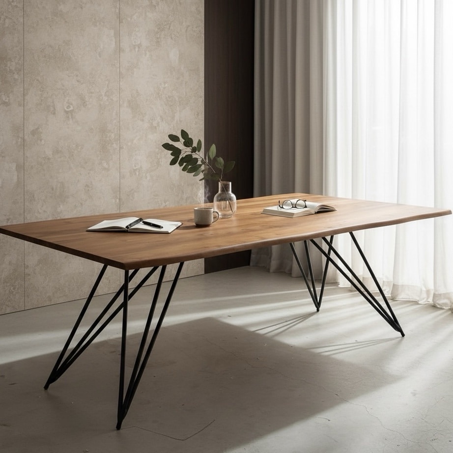 שולחן אוכל מלבני גזע עץ מלא רגל מתכת שחורה - חיסול!! שולחן אוכל מלבני גזע עץ מלא רגל מתכת שחורה - חיסול!!