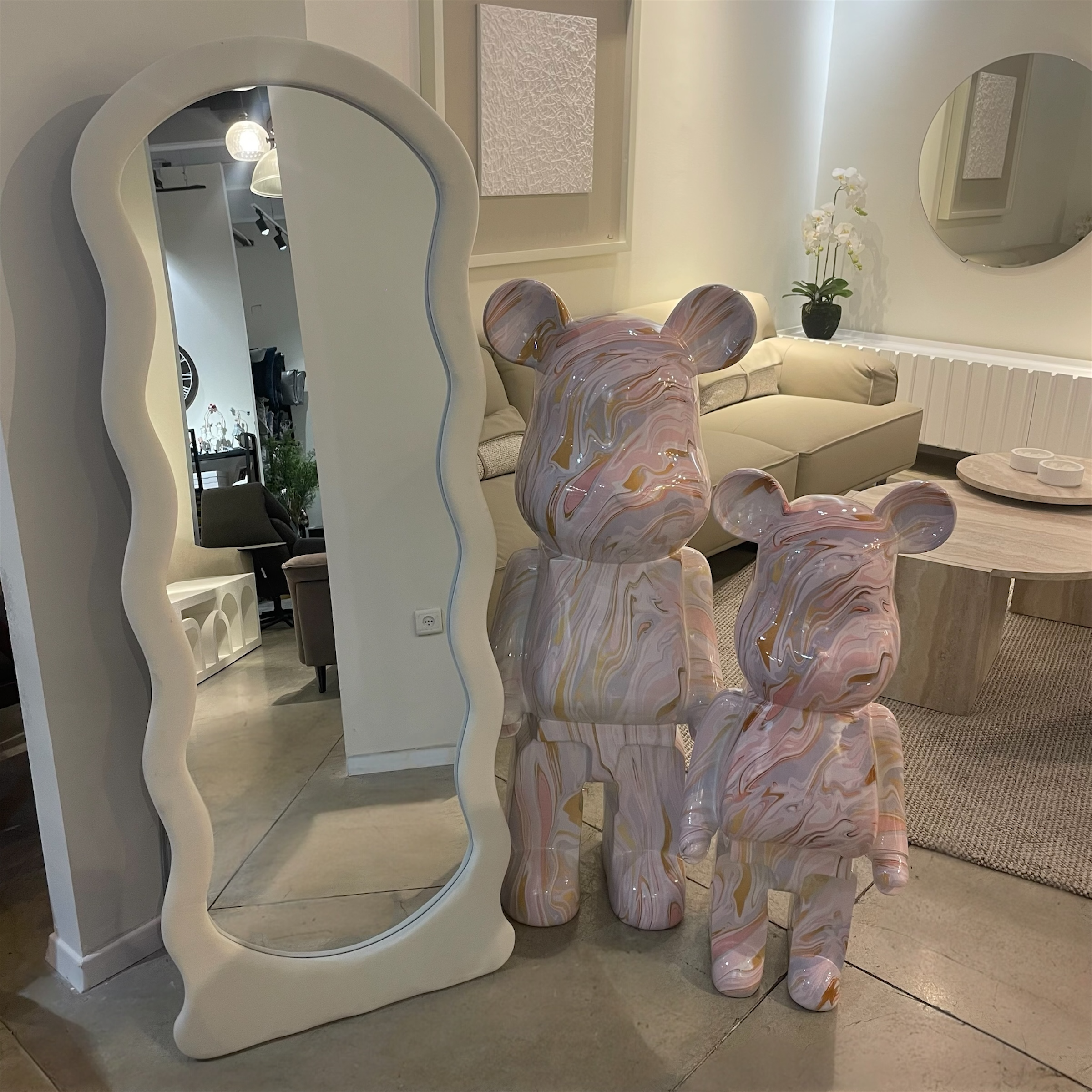 מראה ראש עגול מסגרת קטיפה שמנת גלים 60/160 - איקו