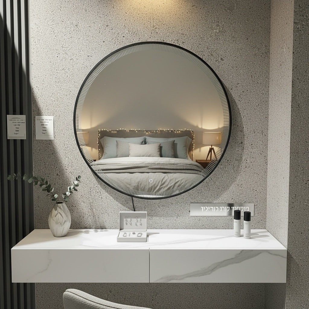 מראה עם לד טאצ מסגרת שחורה קוטר 80 - אחרונה!