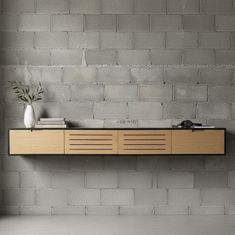 מזנון תלוי / על רגליים דגם נאו מעטפת שחורה חזיתות אלון בשילוב חריצים - חיסול!!