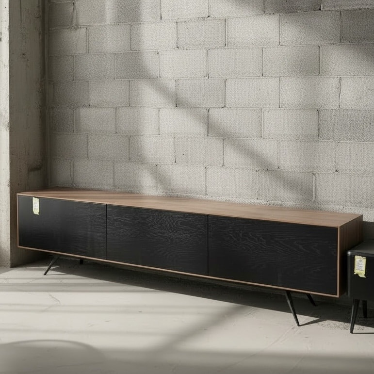 מזנון מעוצב דגם באר מעטפת פורמייקה אגוז אמריקאי מבריק חזיתות שחור טקסטורה - חיסול פגמים קלים!