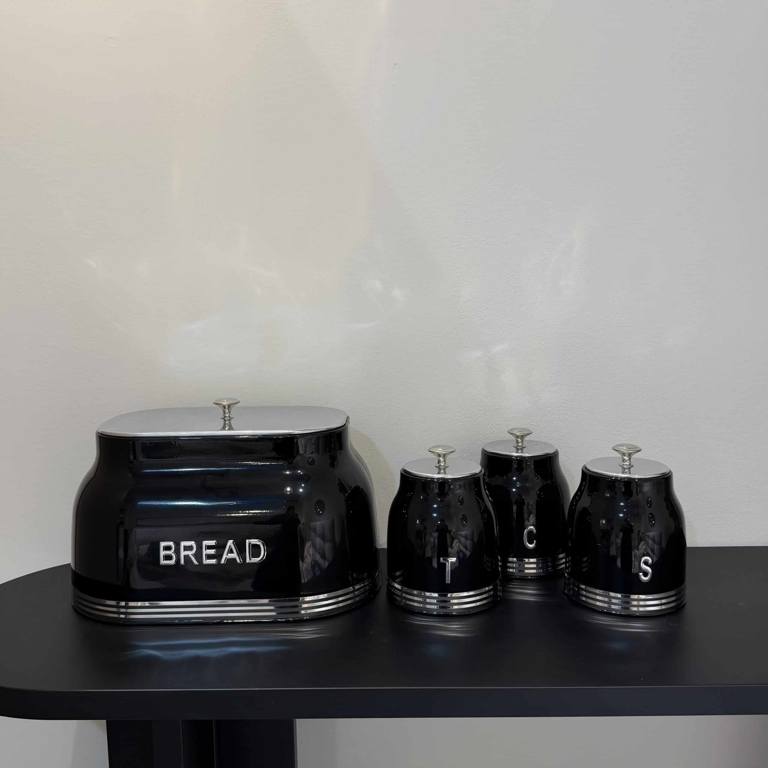 סט תה קפה סוכר שחור וקופסאת לחם כיתוב כסוף דגם סופיה