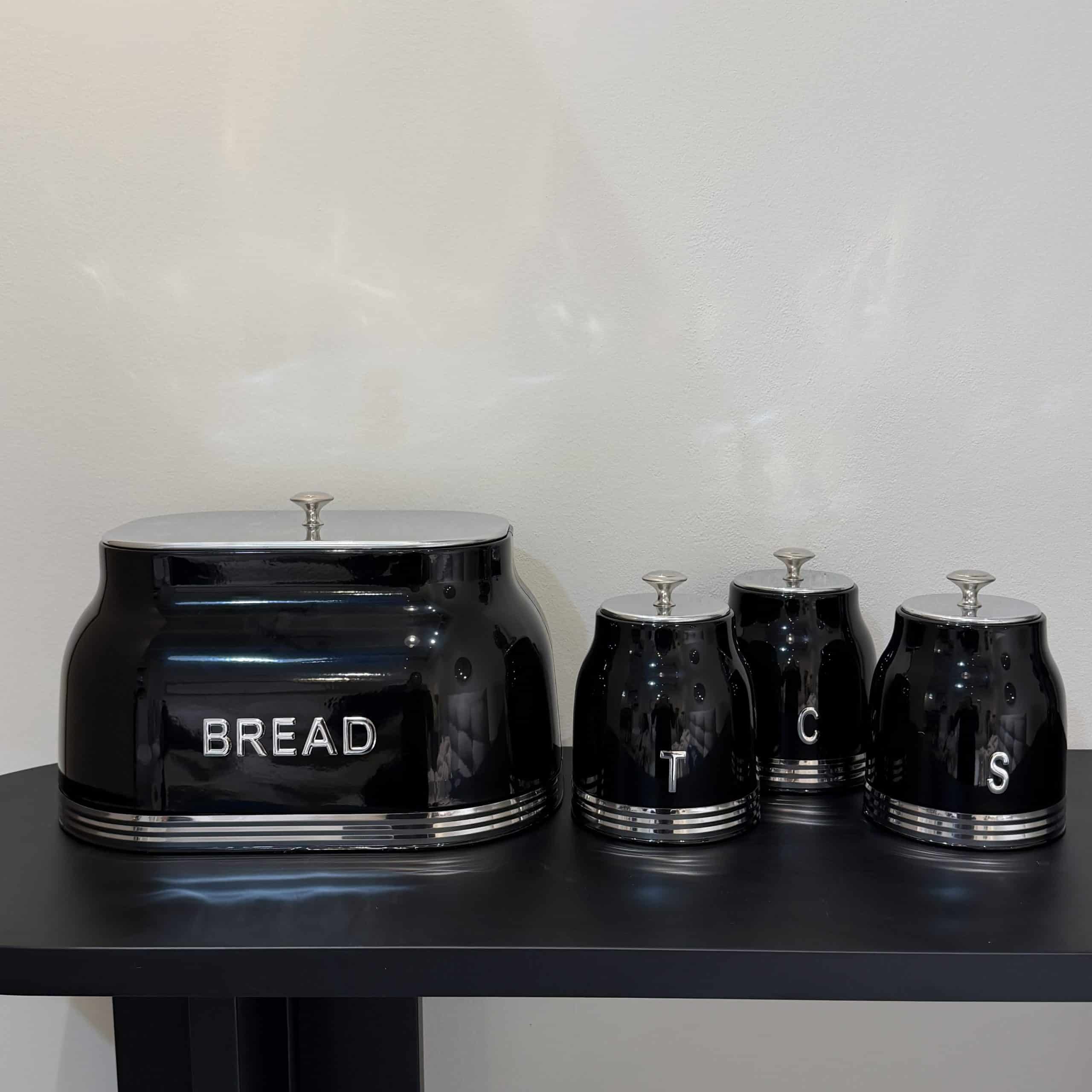 סט תה קפה סוכר שחור וקופסאת לחם כיתוב כסוף דגם סופיה