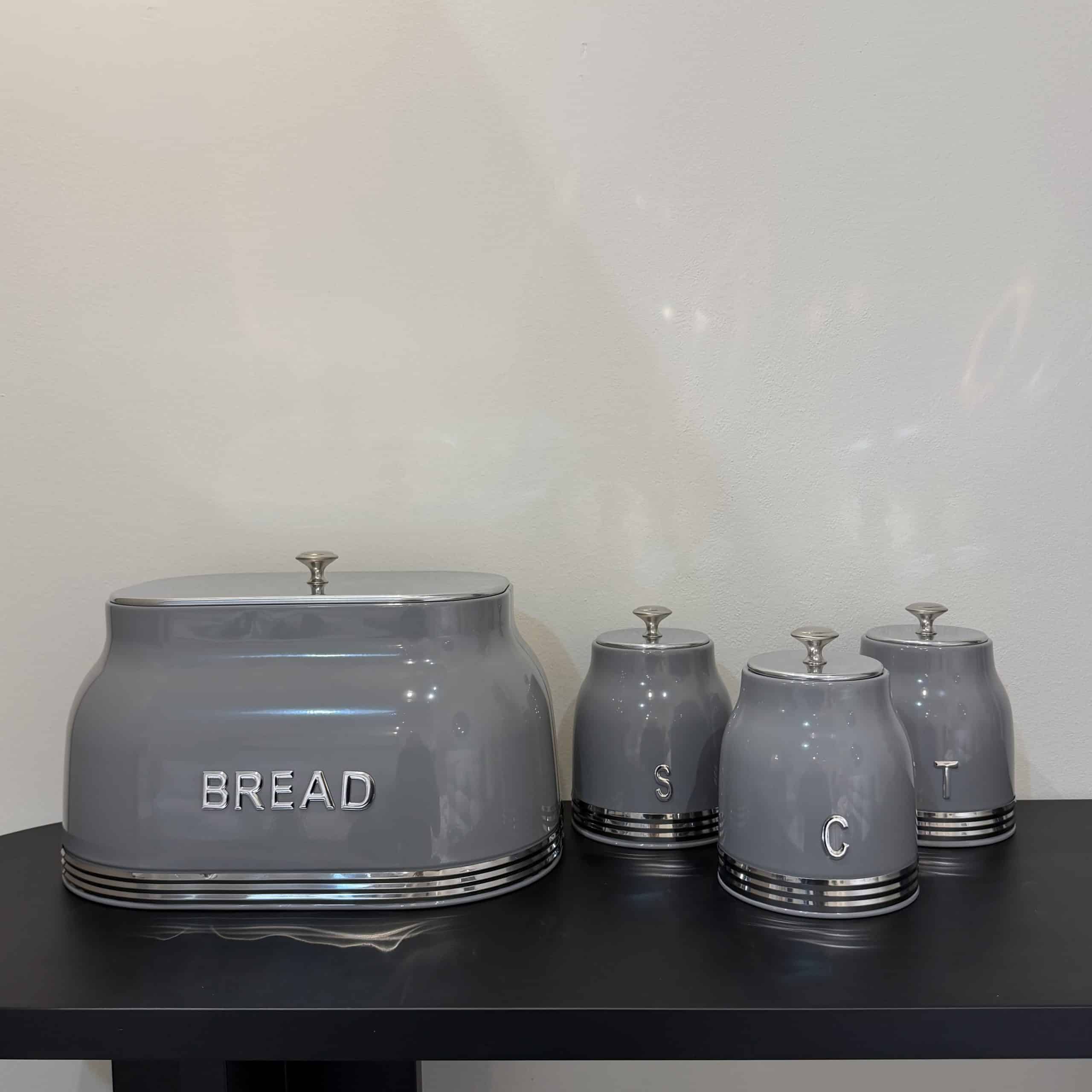 סט תה קפה סוכר וקופסאת לחם כיתוב כסוף דגם סופיה