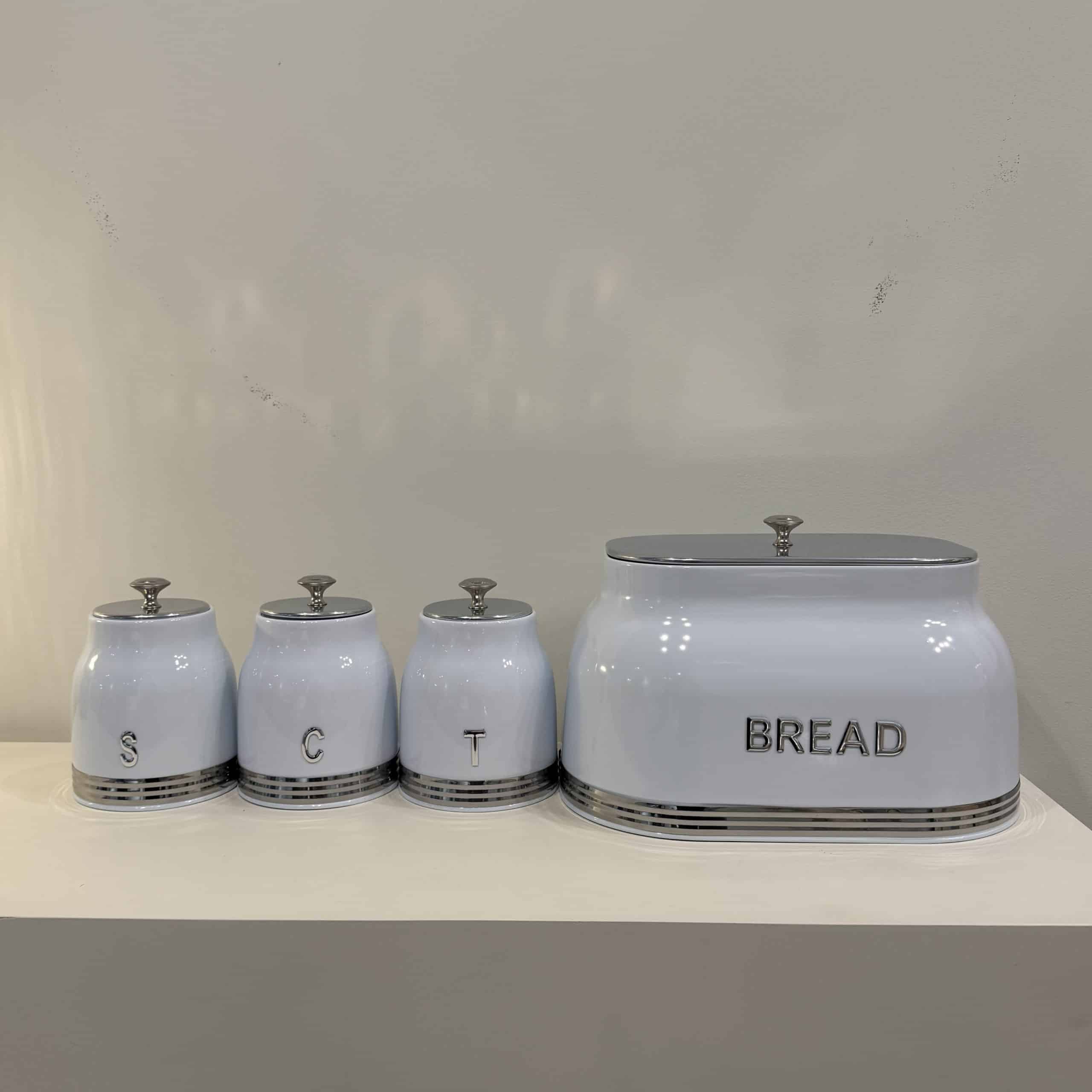 סט תה קפה סוכר לבן וקופסאת לחם כיתוב כסוף דגם סופיה