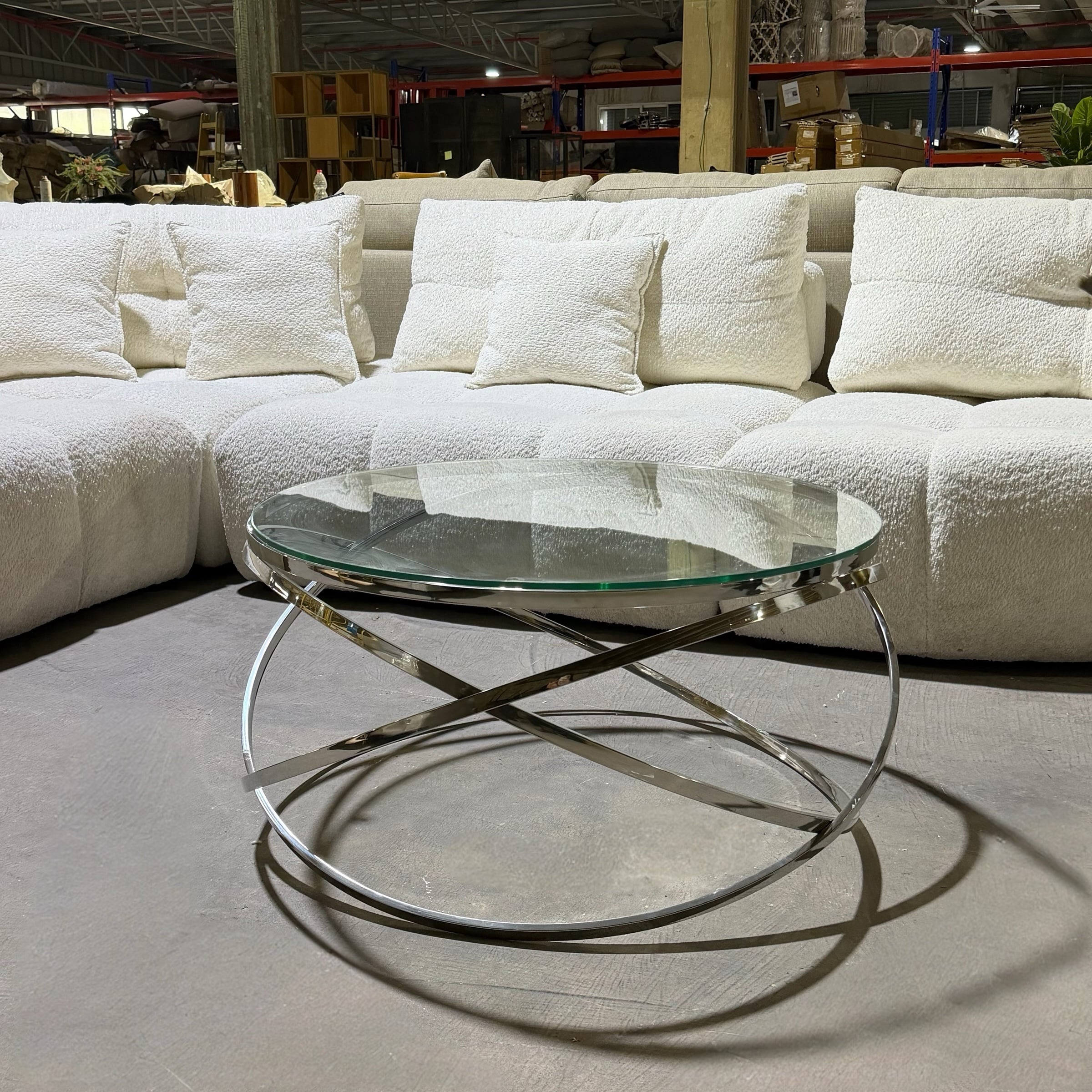 שולחן סלון מעוצב דגם טבעות ניקל זכוכית שקופה - חיסול עודפים!!