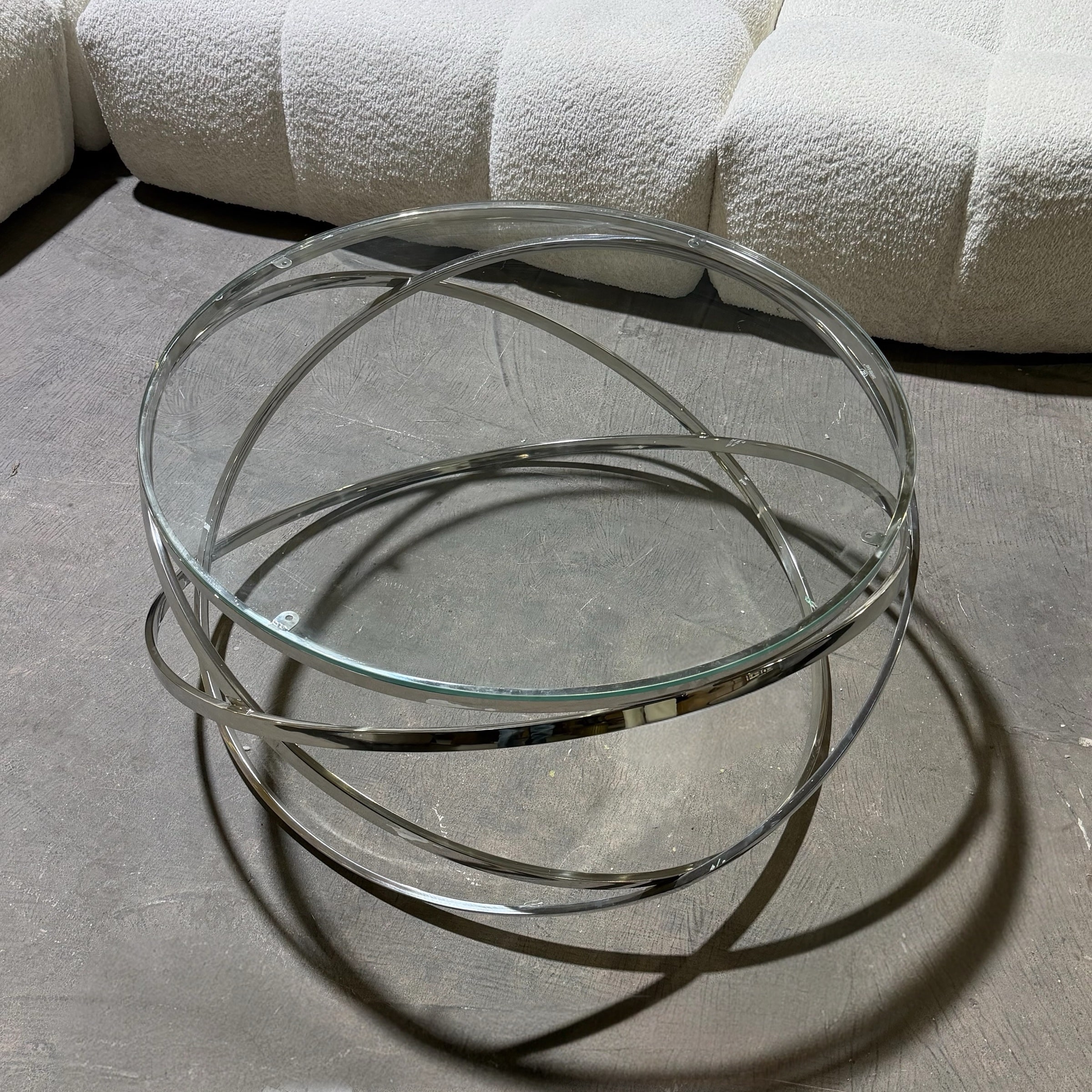 שולחן סלון מעוצב דגם טבעות ניקל זכוכית שקופה - חיסול עודפים!!