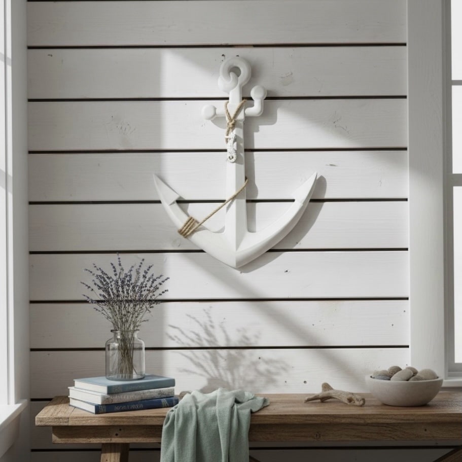 עוגן דקורטיבי גדול לבן שבור חבל עץ 46/3/61 ס״מ דגם סופיה