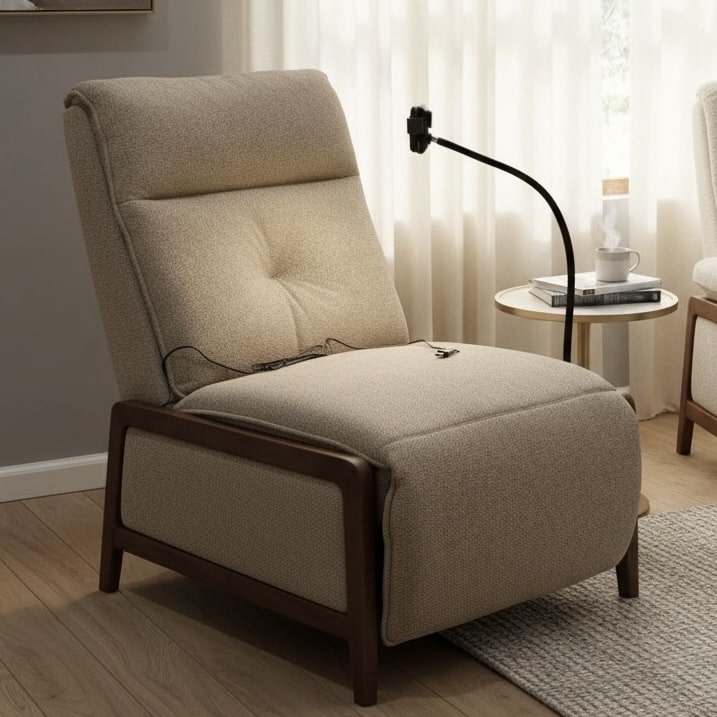 כורסא מפנקת ריקליינר חשמלי דגם 003 כולל עמדת טעינה גוון חום רגל עץ דגם פיל