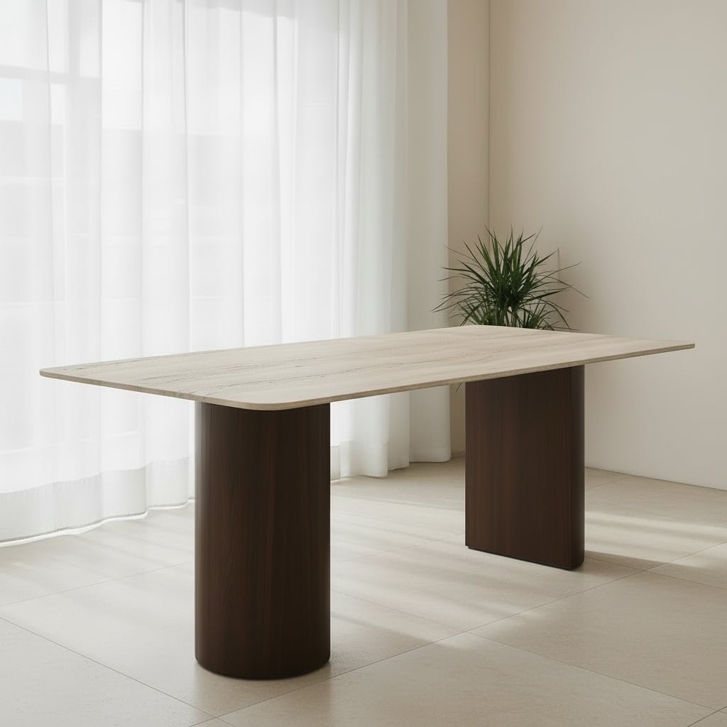 שולחן אוכל יוקרתי טרוויס טופ טרוורטין מלבנית פינות מעוגלות רגל גוון אגוז דגם סופיטל