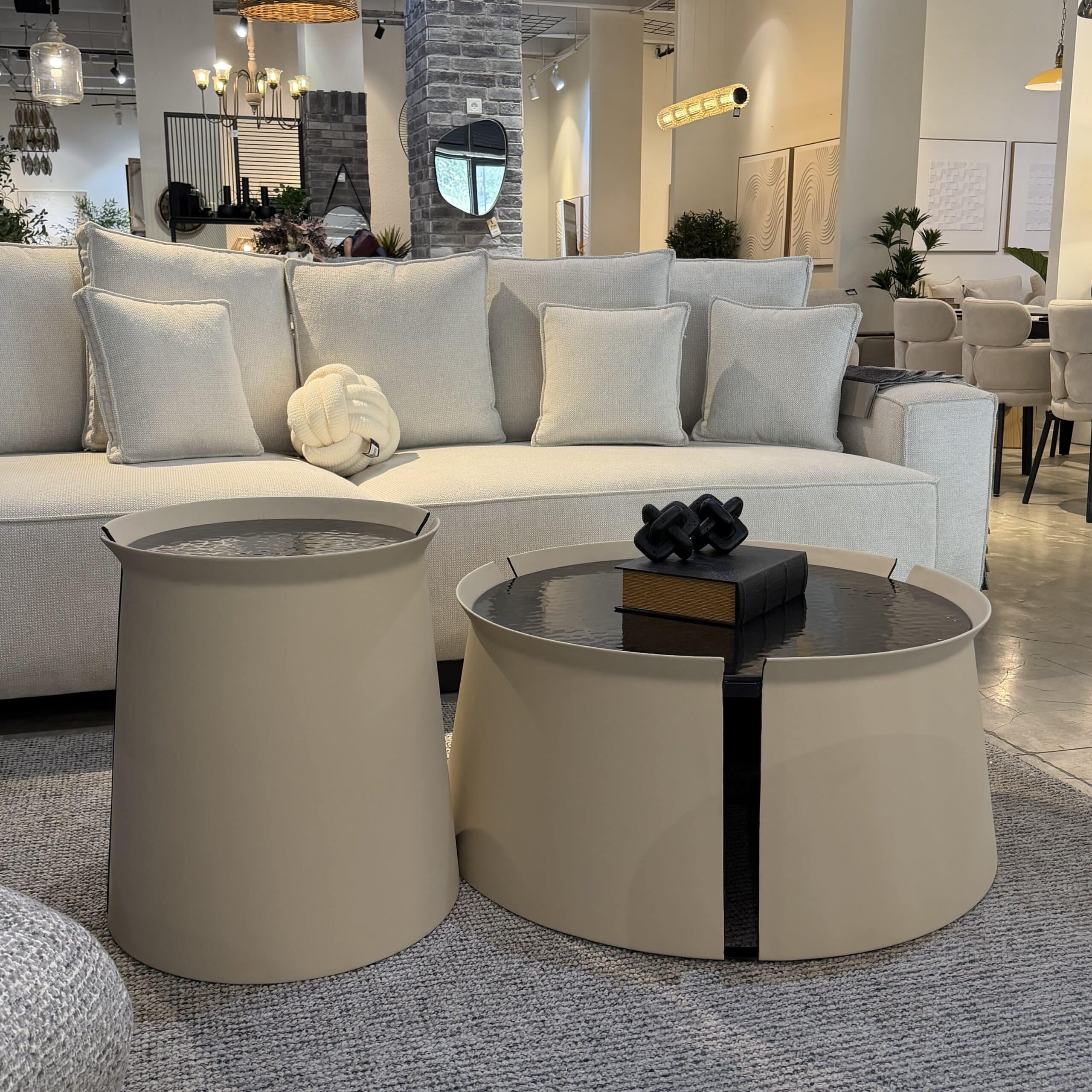 סט שולחנות סלון סהרה דמוי עור בז טופ זכוכית דגם סופיטל