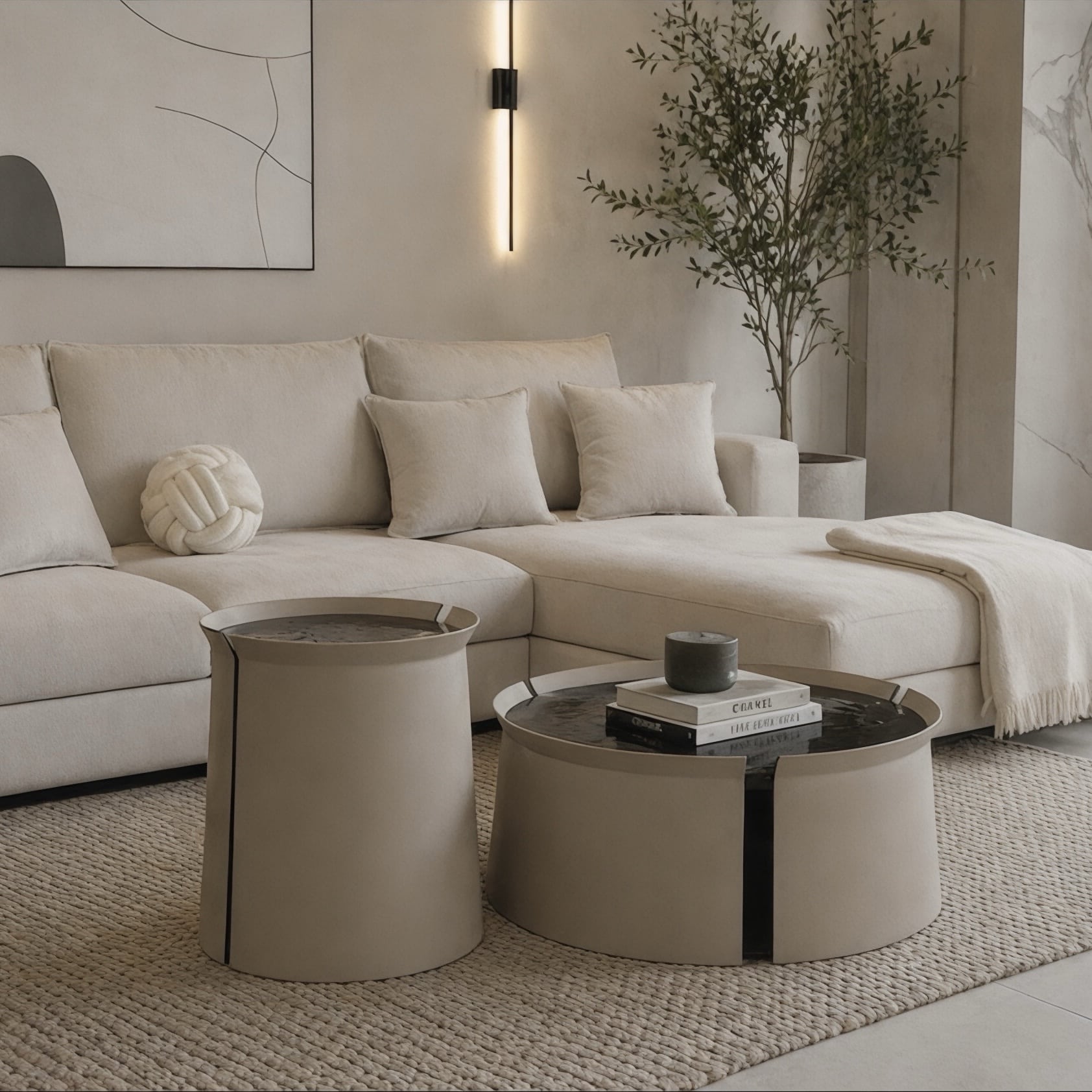 סט שולחנות סלון סהרה דמוי עור בז טופ זכוכית דגם סופיטל